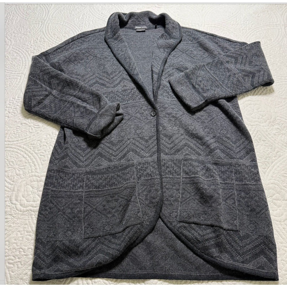 prAna Cardigan Sweater/Coat Wms M Gray‎ Wool Blend Geometric Cabin Core Luxury